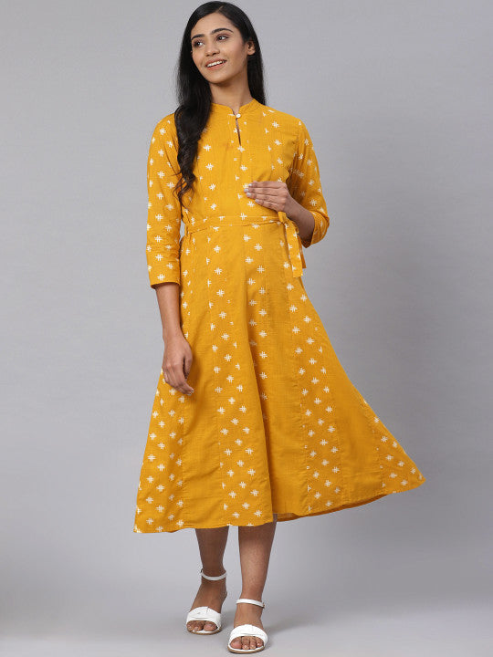 Women Mustard Yellow & Off-White Printed Pure Cotton Maternity A-Line Dress