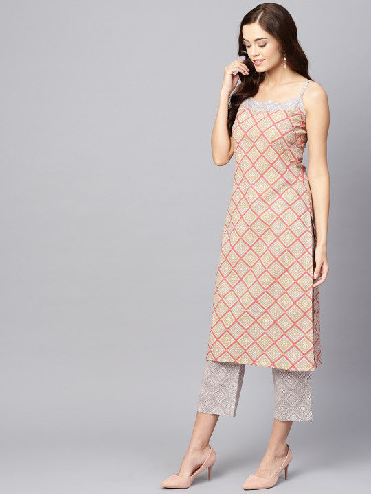 anayna Women Beige & Pink Printed Kurta with Trousers