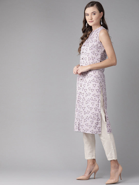 anayna Women Lavender Geometric Screen Printed Straight Kurta