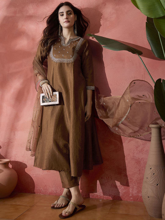 Floral Embroidered Sequinned A-Line Kurta With Trousers & Dupatta