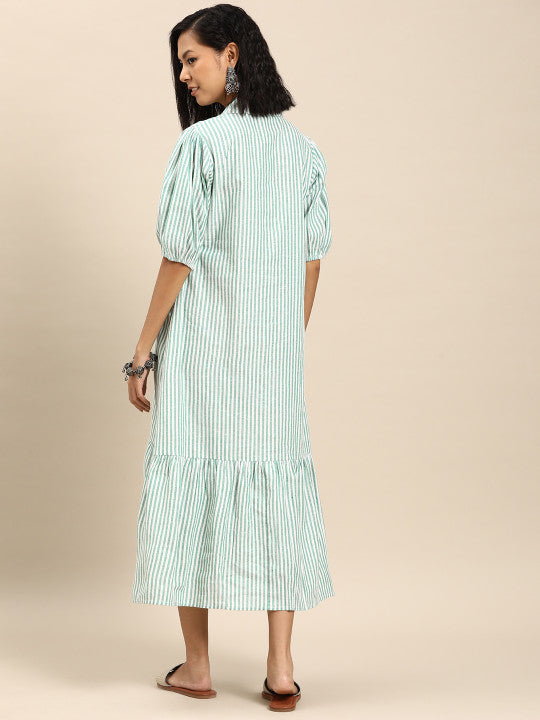 Striped Puff Sleeve A-Line Cotton Midi Dress