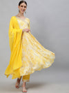 ISHIN womens Yellow Zari Embroidered Tie & Dye Anarkali Kurta Trouser Dupatta (Set of 3)