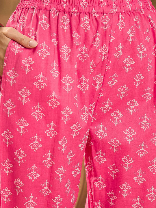 Sangria Floral Printed Mandarin Collar Pure Cotton Straight Kurta With Trouser And Dupatta