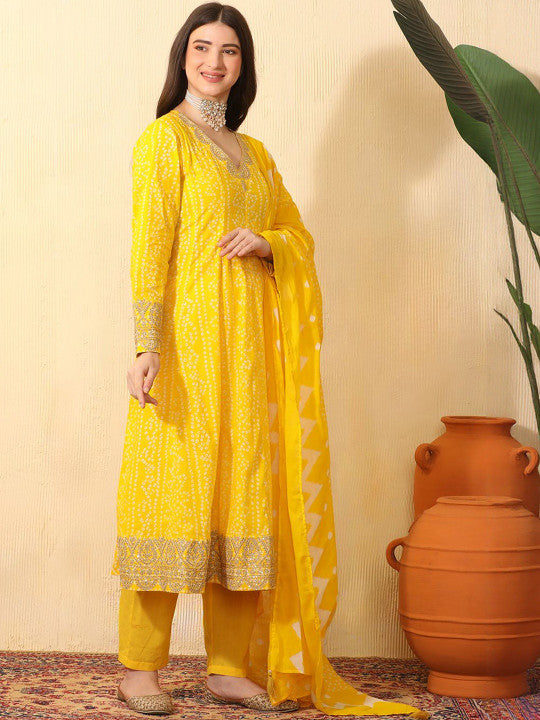 Sangria Women Ethnic Motifs Printed Regular Thread Work Pure Cotton Kurta with Trousers & With Dupatta