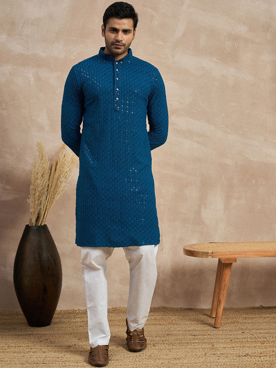 Anouk Floral Embroidered Band Collar Mirror Work Straight Kurta