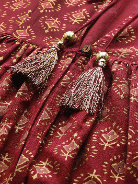 anayna Maroon & Golden Block Print Cotton Layered Maxi Nursing Dress