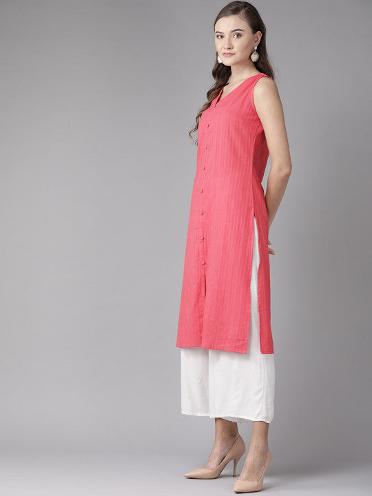 anayna Women Pink Self Striped Straight Kurta