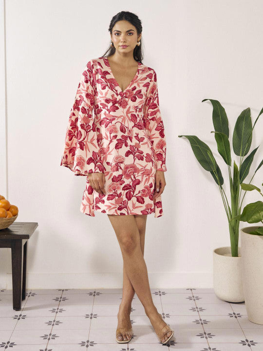 Floral Print Flared Sleeve A-Line Dress
