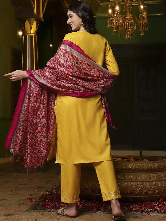 Sangria Yellow Floral Embroidered Gotta Patti Straight Kurta & Trouser With Dupatta
