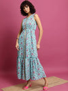 Vishudh Blue Floral Printed Gathered or Pleated Midi Dress