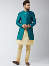 Sojanya Men Gold Toned & Peacock Blue Self Design Sherwani Set