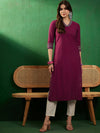 Sangria Burgundy V-Neck Thread Work Pure Cotton Straight Kurta