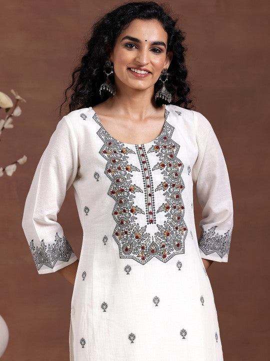 Libas Women Thread Work Linen Kurta with Palazzos & With Dupatta