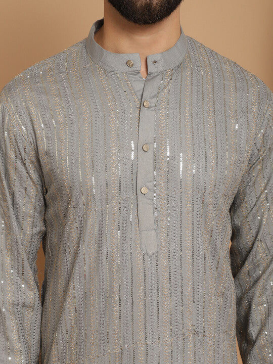 Anouk Grey Striped Band Collar Sequinned Detailed Cotton Straight Kurta