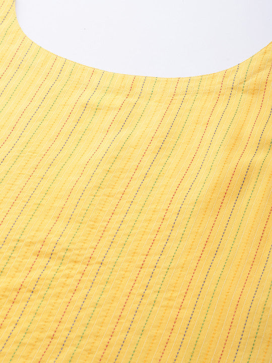 anayna Women Yellow Pure Cotton Kantha Work Striped Kurta