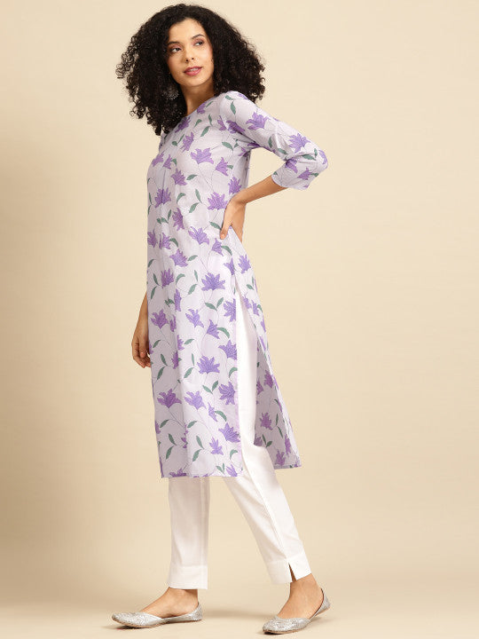 Women Lavender & Green Romantic Floral Print Cotton A-Line Pastel Kurta