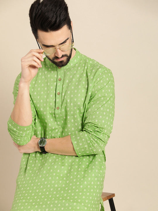 Anouk Men Green & Off White Ethnic Motifs Printed Kurta