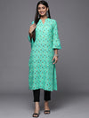 KSUT Turquoise Printed Straight Kurta with Mandarin Collar