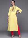 KSUT Women Yellow Roll-Up Sleeves Kurta with Floral Printed Detailing