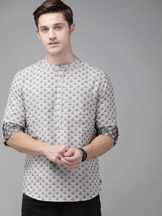 Anouk Men Grey & Black Woven Design Straight Short Kurta