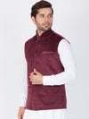 Vastramay Men Maroon Polka Dots Print Velvet Nehru Jacket