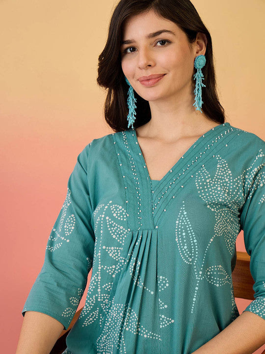 Sangria Blue Floral Printed V-Neck A-Line Pure Cotton Kurta Set