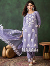 Sangria Embroidered Thread Work Notch Neck Straight Kurta & Trousers With Dupatta