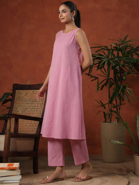 anayna Checked Round Neck Sleeveless Pure Cotton A-Line Kurta With Trousers