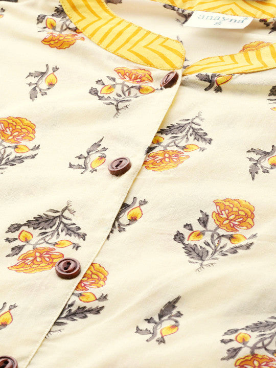 anayna Women Yellow Block Print Pure Cotton Maxi Nursing Dress