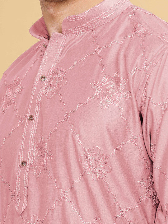 Anouk Pink Ethnic Motif Embroidered Band Collar Cotton Straight Kurta