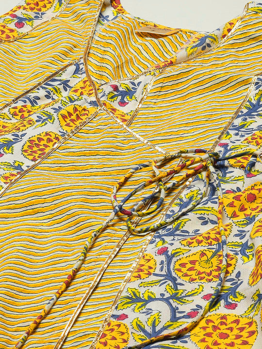 Women Yellow Ethnic Motifs Angrakha Pure Cotton Kurta with Trousers & Dupatta