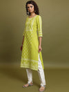 Vishudh Lime Green Floral Printed Three-Quarter Sleeves Cotton Straight Kurta