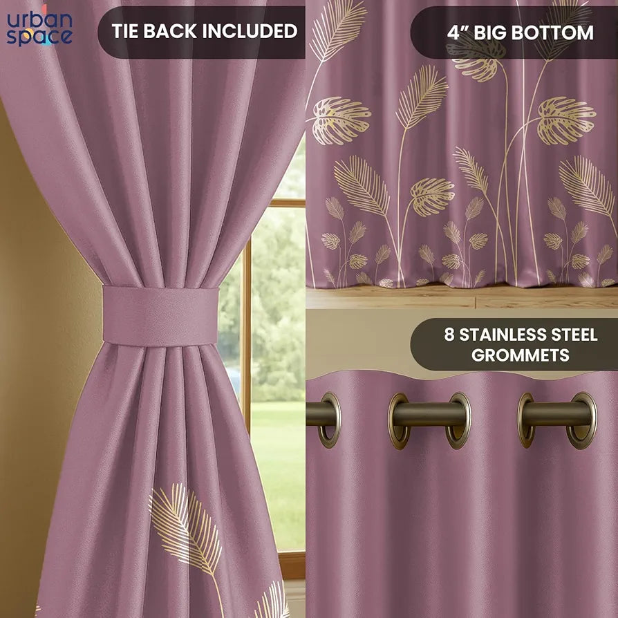 Urban Space Blackout Curtains for Living Room, Gold Foil Printed Luxurious 100% Blackout Decorative Door Curtain Eyelet with Tieback, 1 Piece 