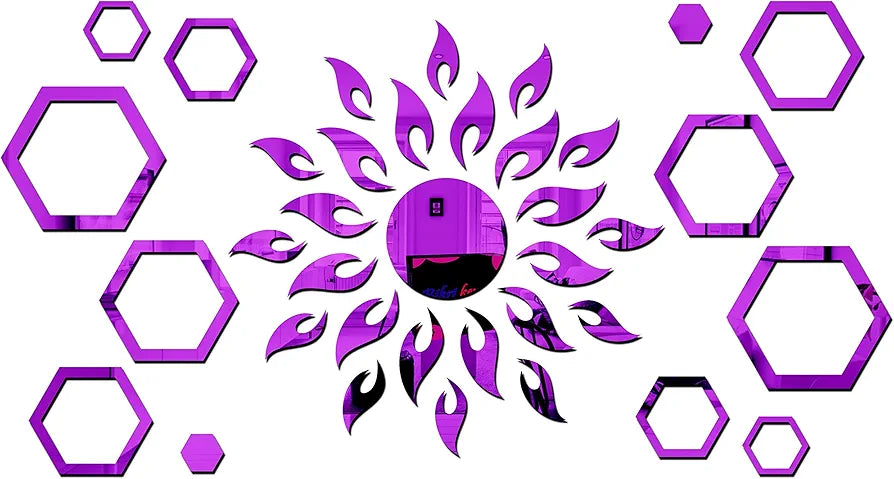 Bikri Kendra - Art BK71, Sun with Hexagon Ring 2 Set - 3D Acrylic Mirror Stickers for Wall 