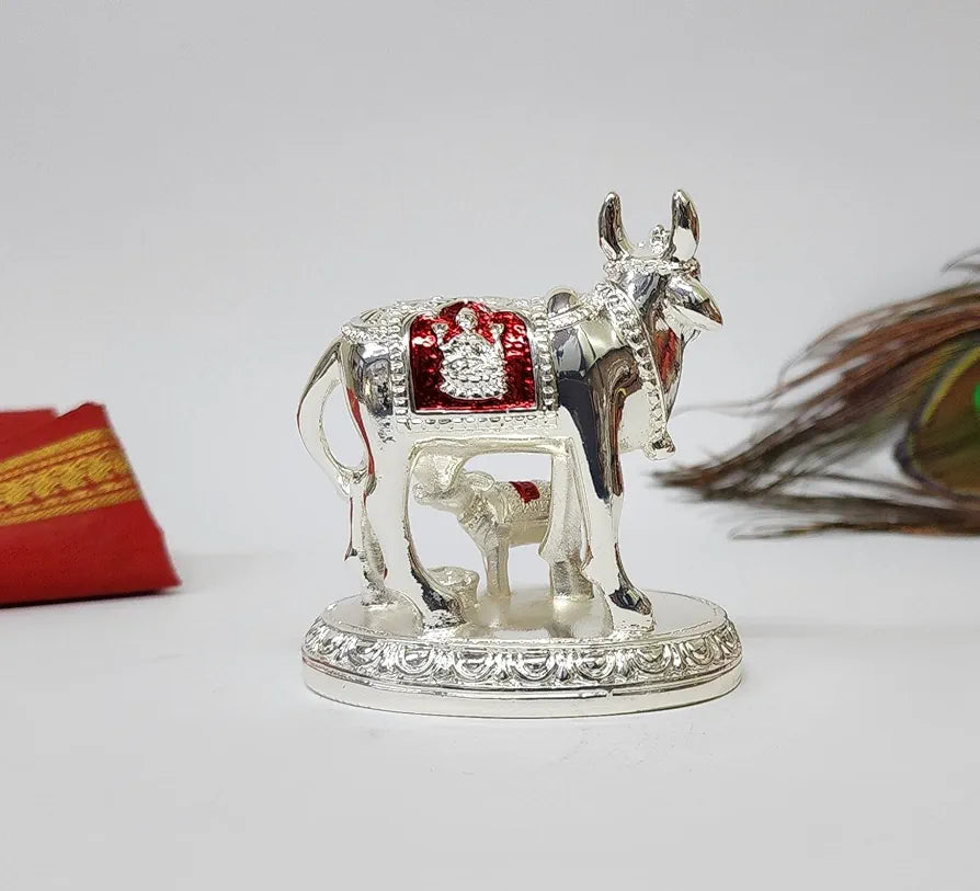 Gold Art India Kamdhenu Cow and Calf Idol with Red Accents | Shiny Silver Finish | 7.62 cm Decorative Gau MATA Murti for Home Temple, Gift & Office