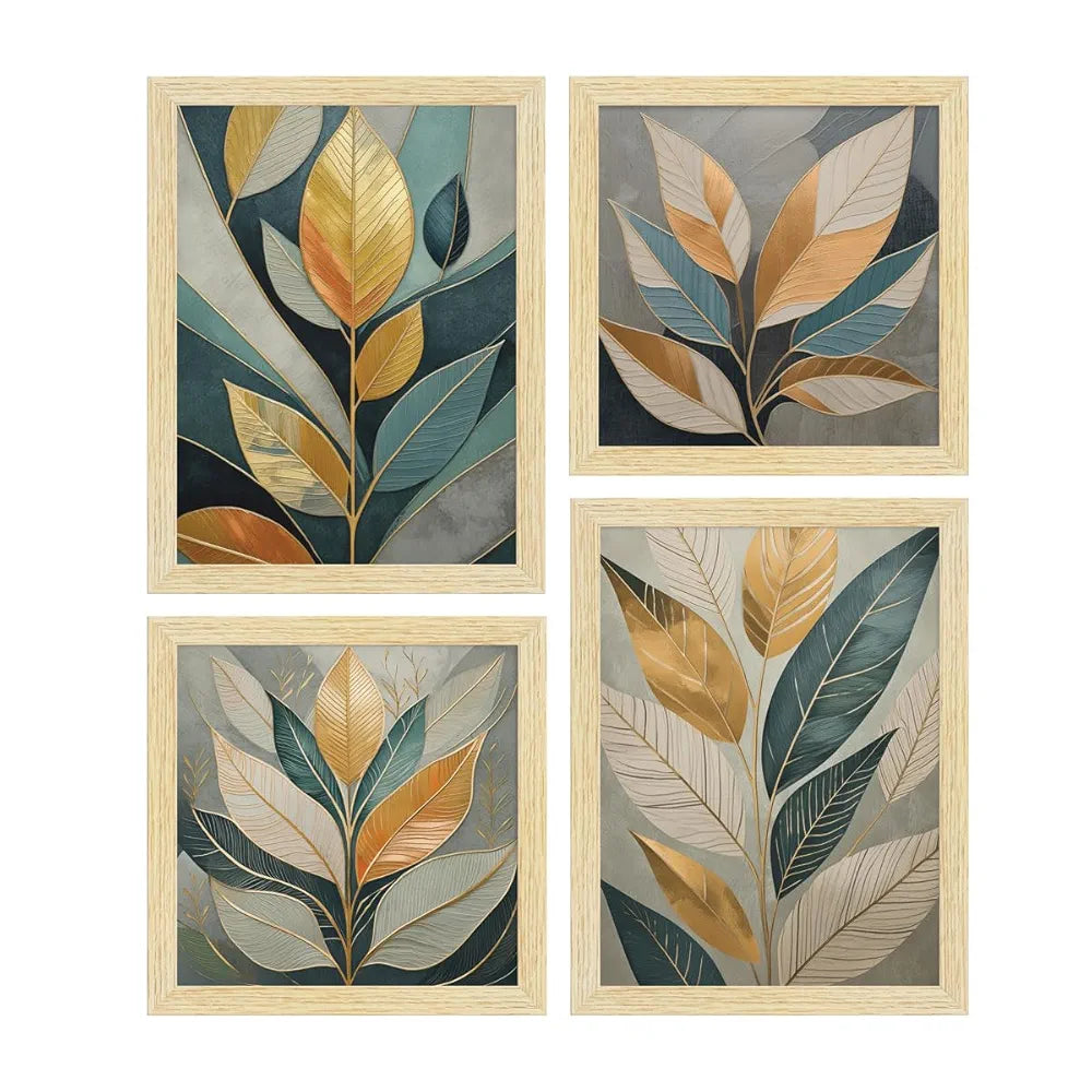 ArtX Paper Golden Leaves Botanical Art Paintings With Frame for Home Decor, Wall Painting for Living Room, Multicolor, Set of 4