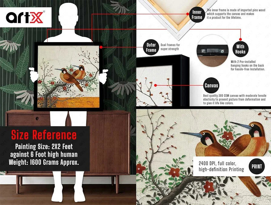 ArtX Two Bird Love Big Canvas Painting For Bedroom and Living Room With Frame, Multicolour, Square, 24.0 x 24.0 inch, 2x2 Feet, Set Of 1