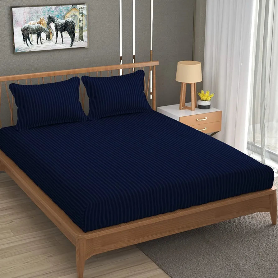Homefab India 160 TC Stripe Glace Cotton Double BedSheet with 2 Pillow Covers -  - Navy Blue