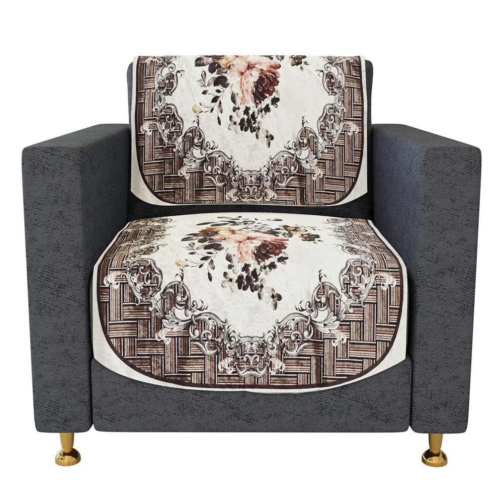 Kuber Industries Velvet Sofa Cover Set | Brown 5 Seater Couch Cover with Check Border Pattern | Living Room Sofa Slipcover