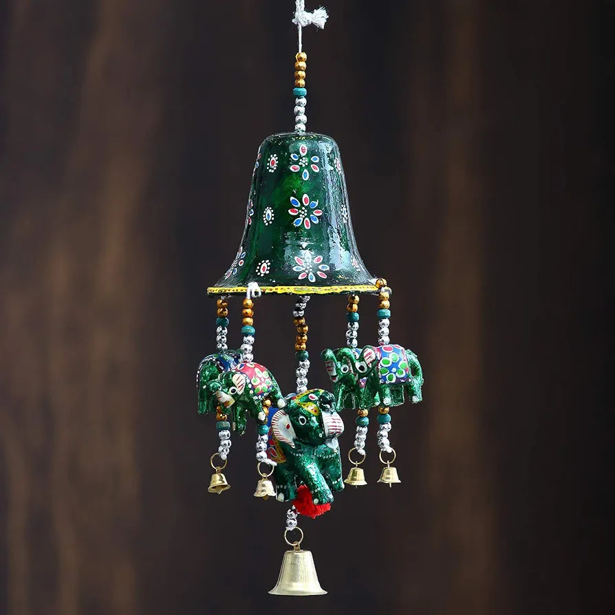 eCraftIndia Multicolor Handcrafted Decorative Bell Shaped Five Elephant Statues Door/Window/Wall Hanging| Diwali Decoration Items for Home Decor| Gift for Diwali Housewarming