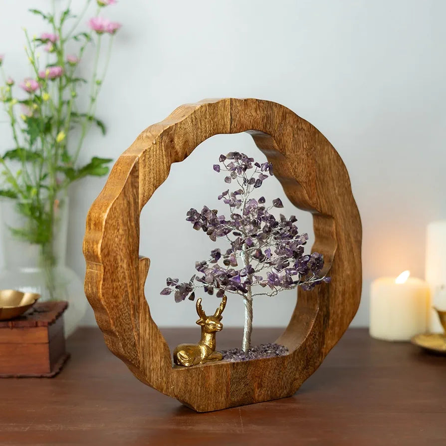 Ritualistic Amethyst Crystal Tree with Reindeer Handcrafted Feng Shui