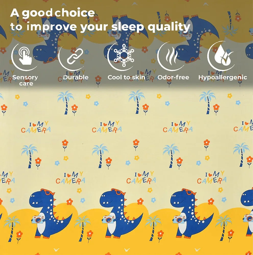 FRESH FROM LOOM Glace Cotton Wrinkle Free Soft Hypoallergenic Elastic Fitted Bed Sheet|Cartoon Printed|Bedsheet For Kids Room|Dino),144 Tc,Multicolor,Double Bed