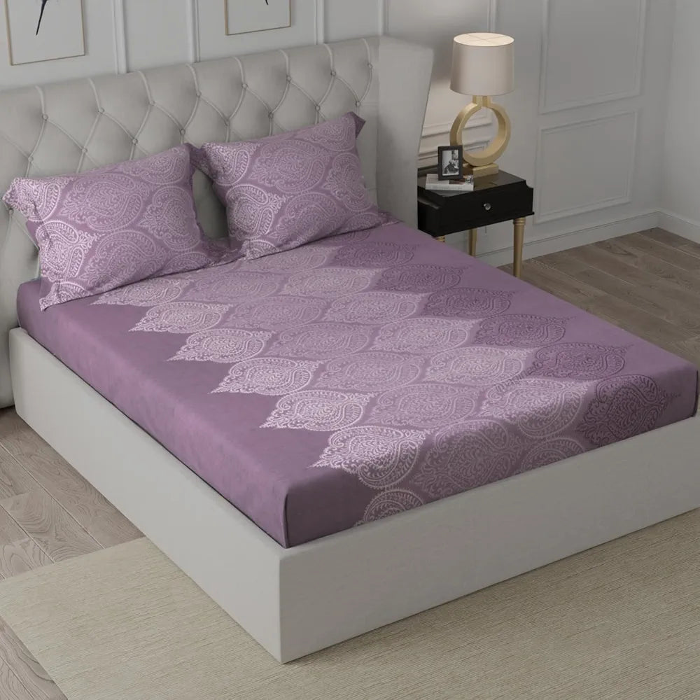Cloth Fusion Glace Cotton Elastic 186tc Printed Fitted Bedsheet for Double Bed King Size with 2 Pillow Covers, Soft Wrinkle Free Elastic Bedsheets for King Size Bed 