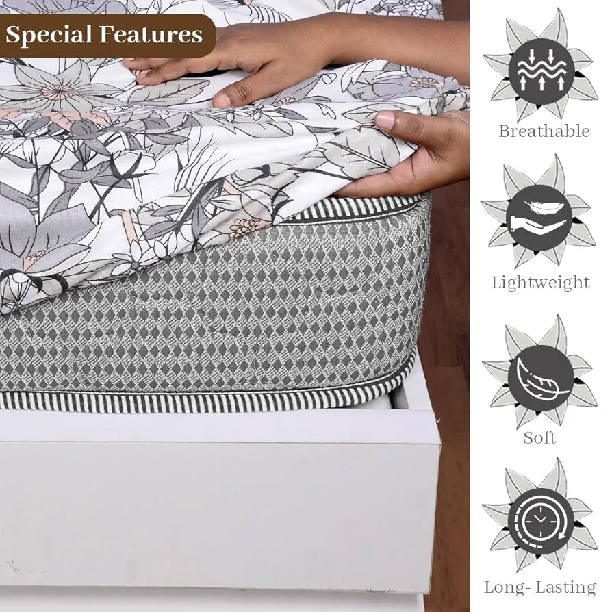 Divine Casa 144 TC Floral Grey 100% Cotton Elastic Fitted Bedsheets King Size with 2 Pillow Covers - 78 x 72 inches