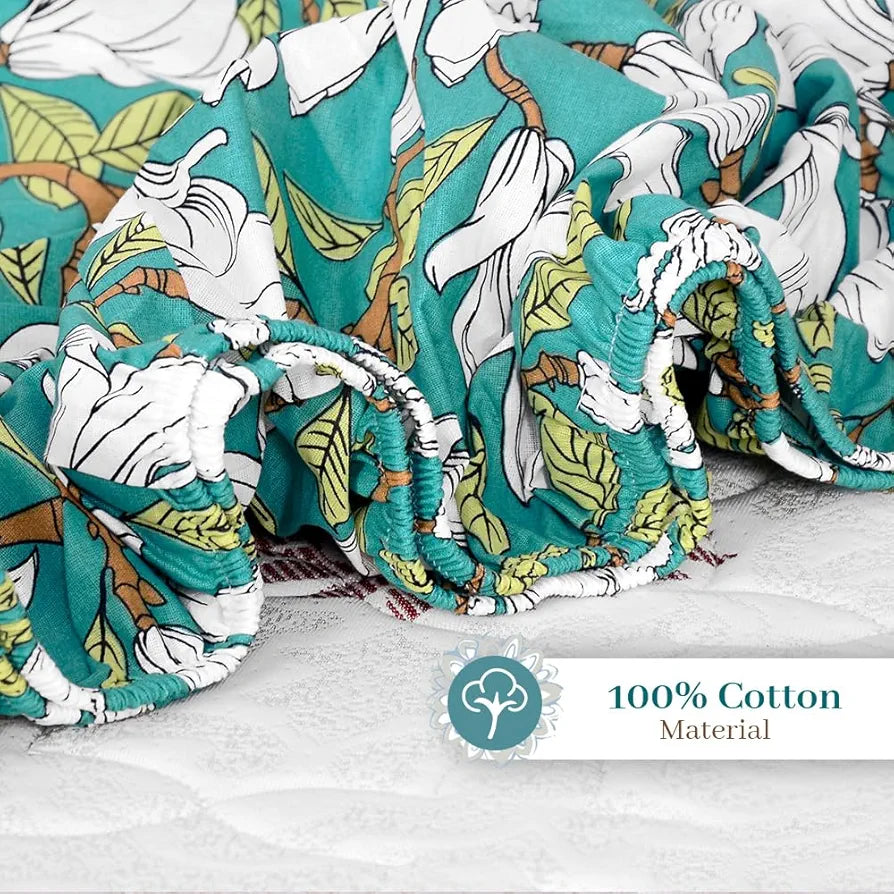 Divine Casa 144 TC Cotton Floral Print Queen Size Fitted Bedsheet with 2 Pillow Covers | Elastic & Comfortable Bedding | Aspen Green, 150 x 200 + 25 cm