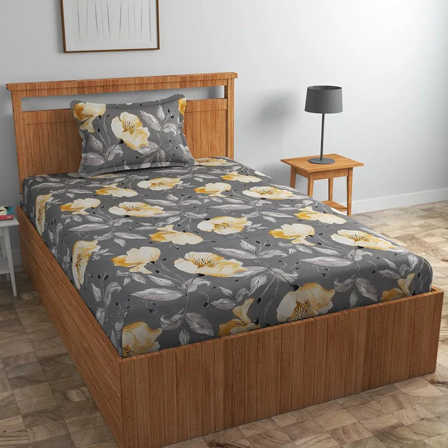 Homefab India 160 TC Glace Cotton Single BedSheet with 1 Pillow Cover -  - Grey, Floral