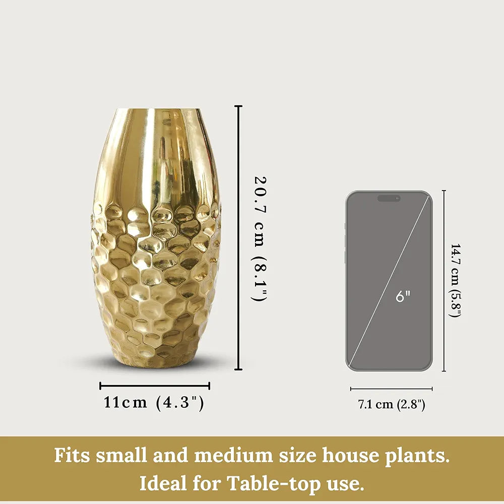 Behoma Metal Hammered Vase for Home Decor Decoratives for Indoor Living Room | Best Gift for Birthday Anniversary Valentine's Day |Golden Half Hammered Oblong Shape 1 Large Pcs 