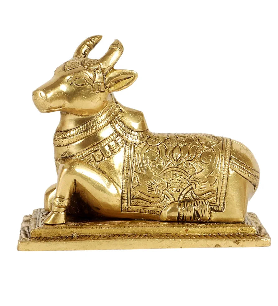 Two Moustaches Lotus Engraved 5 Inches Brass Nandi Cow Over Base, Brass Nandi Idol, Statue for Home/Temple, Nandi Bull Statue, Standard, Pack of 1