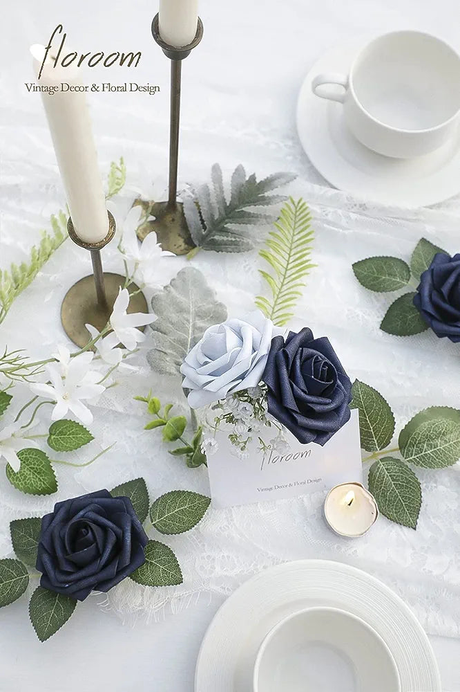 Floroom Artificial Flowers 50pcs Real Looking Navy Blue Fake Roses with Stems for DIY Wedding Bouquets Bridal Shower Centerpieces Floral Arrangements Party Tables Home Decorations