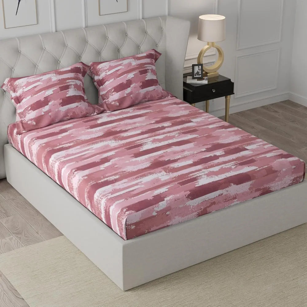 Cloth Fusion 186tc Glace Cotton Elastic Fitted Bedsheet for Double Bed King Size with 2 Pillow Covers, Soft Wrinkle Free Elastic Bedsheets for King Size Bed 